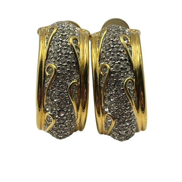 Auth VTG SWAROVSKI Art Nouveau Gold‎ Tone Crystal Hoop Clip On Earrings Chunky